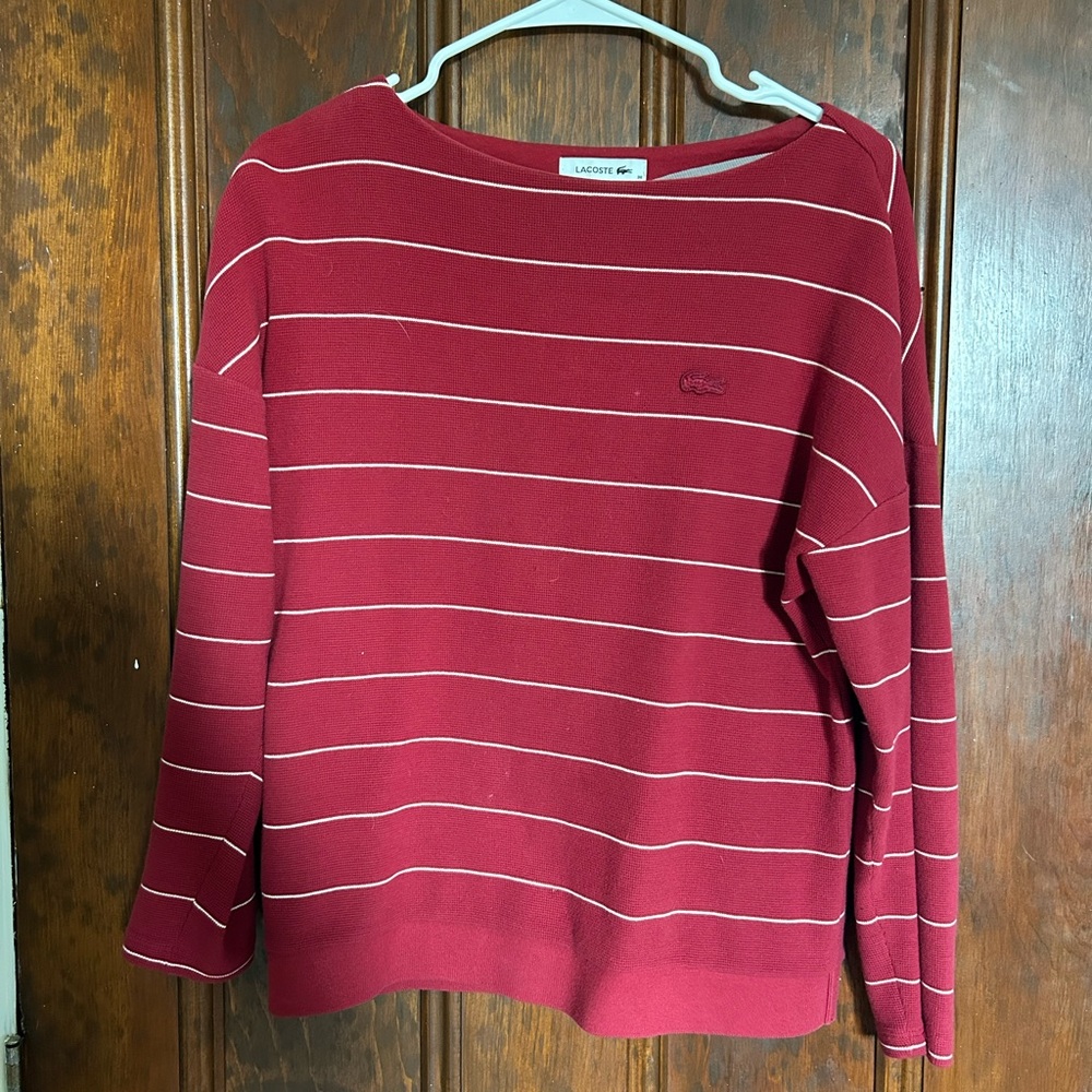 Lacoste Women's Red and White Striped Crew Neck Sweater